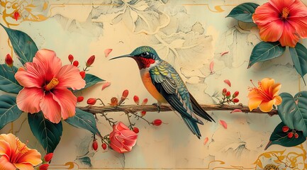 Beautiful tropical bird on exotic flowers in vintage style, 