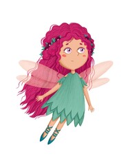 Cute children's illustration of a flying fairy with long pink hair