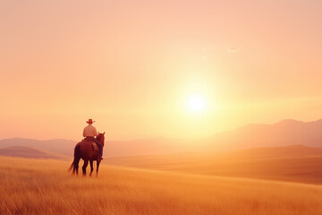 Sunset Landscape with Cowboy on Horseback Crossing Plains and Majestic Mountains in the Distance