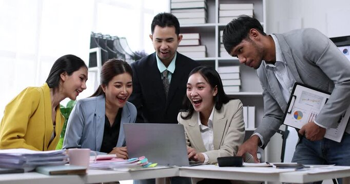 Business asian people, staff and team in office with portrait, professional and happiness for reputation improvement. Men, women and together in corporate sale representative group and job confidence