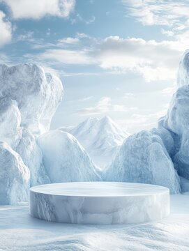 Ice podium background snow winter product platform cold mountain 3D. Podium ice display background cosmetic sky floor blue scene landscape frozen white cool stand pedestal minimal rock glacier nature