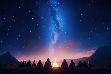 Ancient Storyteller Sharing Legends by the Campfire in a Nomadic Camp Under the Stars with Listeners in a Desert Landscape