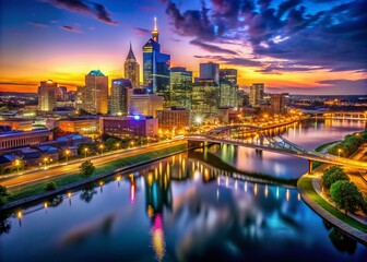 Fototapeta premium Stunning Aerial View of Nashville Skyline Illuminated at Night with Bridges Spanning the River, Capturing the Vibrant Cityscape and Reflections on Water in a Breathtaking Scene