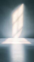 Sunlit Minimalist Interior: A single window casts a soft, radiant glow across a sleek, empty room. The interplay of light and shadow creates a serene, contemplative atmosphere.