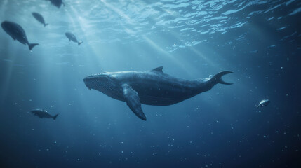 Naklejka premium majestic whale gliding gracefully through deep blue ocean, surrounded by smaller fish, creates serene underwater scene filled with tranquility and wonder