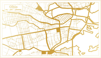 Olbia Italy City Map in golden Colors in Retro Style. Outline Map.