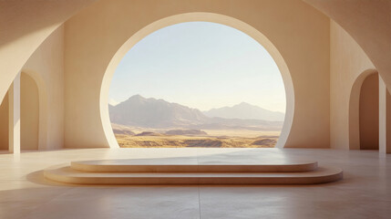 Fototapeta premium minimalist podium with circular window offers stunning view of mountains and serene landscape. soft light enhances tranquil atmosphere, inviting reflection and inspiration