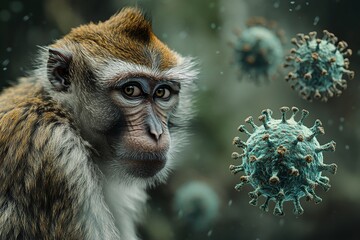 Obraz premium a close-up of a monkey, with the virus particles floating around it, symbolizing the transmission of a virus. generative ai