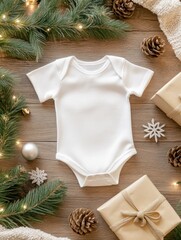 Mockup baby white bodysuit design in the middle with Christmas decorations. Winter composition with present box, Christmas tree on wooden background. Flat lay, top view, copy space.