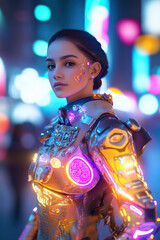 Obraz premium High-Resolution Image of a Cyborg Woman in a Neon-Illuminated Cyberpunk City, Featuring Metallic Armor and Delicate Facial Features