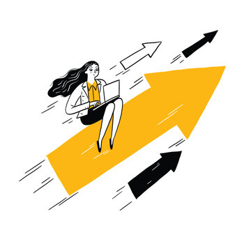Businesswoman sitting working on a yellow arrow shooting up into the air.