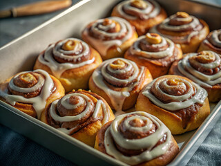 Fototapeta premium Close-up shot of a tray of cinnamon rolls, the golden brown swirls covered in gooey icing
