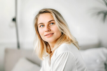 Naklejka premium create a 20 year old woman Blonde hair, portrait, nautre light