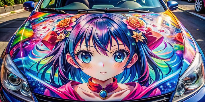 Stunning Double Exposure Photography of Itasha Car Hood with Cute Anime Girl Themed Wrap, Blending Fantasy and Automotive Culture in a Vivid Visual Experience