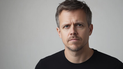 Fototapeta premium Serious man with short hair and focused expression, wearing black shirt against neutral background. His gaze conveys determination and introspection