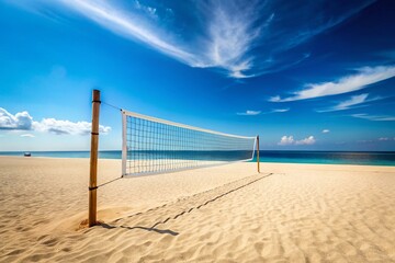 Stunning Empty Beach Volleyball Court under Clear Blue Sky on Perfect Summer Day with Pristine Sand and Copy Space for Banner Advertising