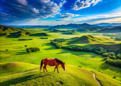 Stunning Drone Photography of Majestic Horse Grazing on the Lush Bashang Grassland in Hebei, China Capturing the Beauty of Nature and Tranquility of the Landscape
