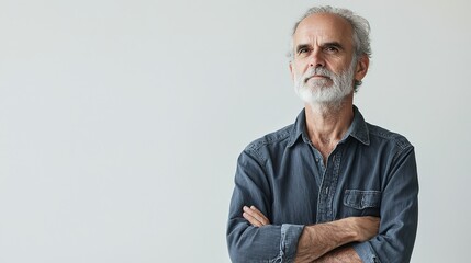 Thoughtful Mature Man Standing in Neutral Background