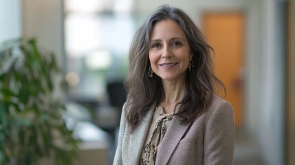 Mature woman looking at the camera, standing in an office environment, smiling warmly, dressed formally