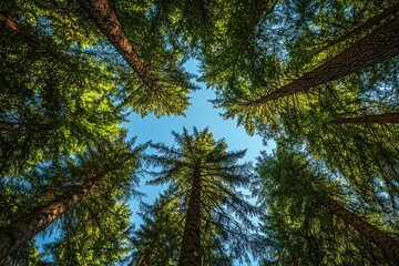 Fototapeta premium Beneath the cool shade of an evergreen forest canopy, where fresh air and green foliage symbolize the trees' tireless work in air purification and creating a serene, balanced natural environment