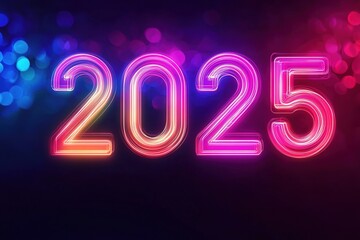 Neon lights forming 2025 against a dark background