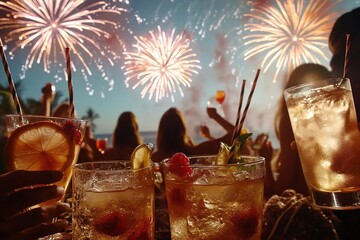 Friends toast under fireworks display, celebrating with drinks