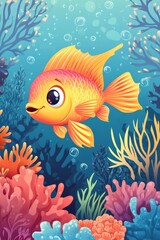 Fototapeta premium Cute fish swimming amidst vibrant corals in a clear sea, showcasing underwater life and colorful marine ecosystems. Generative AI