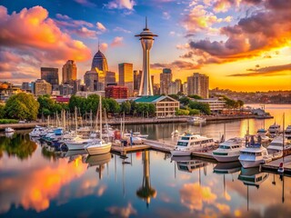 Naklejka premium Stunning Panoramic View of Waterfront in Downtown Seattle, Washington, Capturing Iconic Landmarks, Vibrant City Life, and Serene Waters of Puget Sound at Sunset