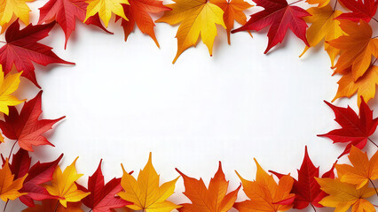 Fototapeta premium Aerial view of vibrant autumn maple leaves arranged around the edges of a clean white background, creating a natural frame for copy space
