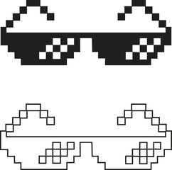 Pixel glasses icon set. Black flat and line vector collection isolated on transparent background element of pixel art. Ghetto lifestyle culture design. Mock up template. Abstract concept graphic sign.