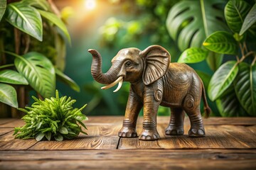Fototapeta premium Stunning Product Photography of a Realistic Elephant Figurine on a Rustic Wooden Table with Natural Lighting Perfect for Home Decor and Wildlife Enthusiasts