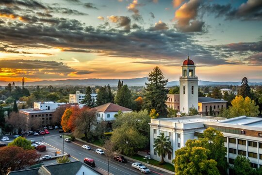 Stunning Silhouette Photography of the Davis California Skyline at Sunset with Iconic Landmarks and Vibrant Colors in the Background, Perfect for Urban Landscape Enthusiasts