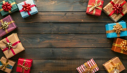 Fototapeta premium Frame With Copy Space Christmas New Year Gift Card Greeting Box Boxes Wooden Background 
