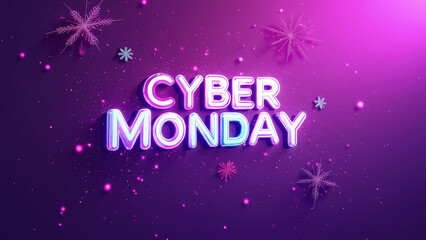 Fototapeta premium Vibrant and energetic design, featuring a bright purple background with bold Cyber Monday text in the center. The scene conveys excitement with dynamic patterns and glowing accents