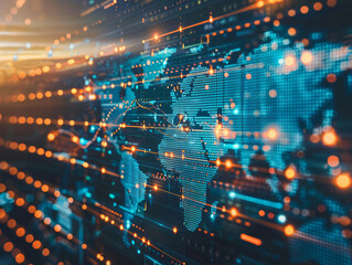 Obraz premium A futuristic digital map displays a world with glowing connections and data patterns, embodying technology and global communication for technology.