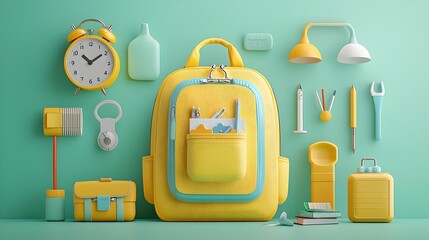 Cheerful 3D digital depicting a yellow backpack with a whimsical design accompanied by an alarm clock and various school tools