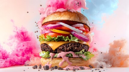 Towering Vegan Burger in Bold Abstract Surreal Painting with Vibrant Neon Colors   A futuristic cyberpunk inspired digital art piece depicting a plant based burger in an expressive imaginative style