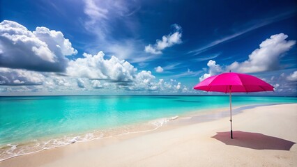 Stunning Tropic Beach View with Pink Umbrella and Clear Blue Sky Perfect for Relaxation and Vacation Moments, Ideal for Travel Blogs and Tropical Getaway Promotions