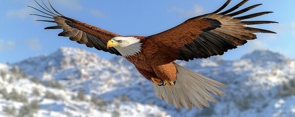 Naklejka premium Majestic Bald Eagle Soaring Over Snowy Mountains