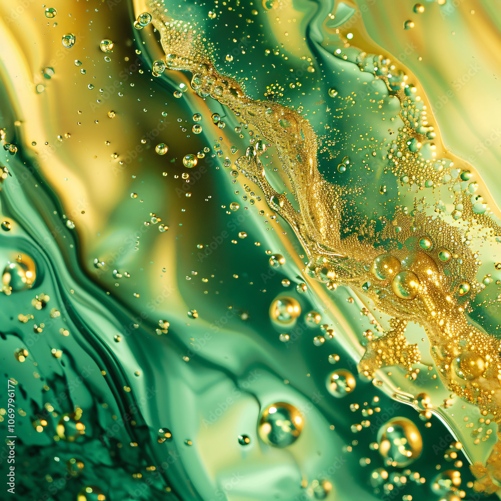 Poster an abstract image displays swirling green and gold liquid textures with bubbles, creating a dynamic 