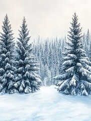 Naklejka premium Watercolor winter coniferous trees forest. Serene snowy scene, landscape with snow covered pines
