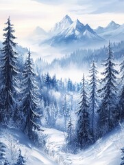 Fototapeta premium Watercolour illustration of winter forest landscape view, wild nature with mountains and trees