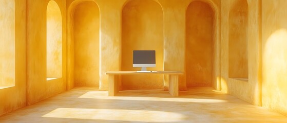 Desktop computer with  monitor is placed on a wooden table in a simple and isolated room. Natural light also comes in from the side, creating a soft and warm atmosphere.