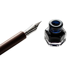 A wooden fountain pen with a silver nib rests next to a bottle of blue ink on a black background.