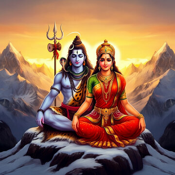 Divine depiction of Lord Shiva and Goddess Parvati sitting together in the mountains, symbolizing love, harmony, and spiritual union