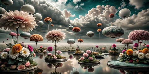 Surreal Dreamscape with Ethereal Landscapes and Whimsical Objects Merging Reality and Fantasy, Capturing the Essence of Imagination and Otherworldly Beauty in a Vivid Color Palette