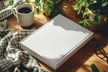 Fototapeta premium Blank book with coffee cup and plants