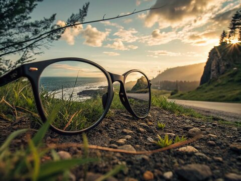 Surreal Fisheye View Through Oversized Glasses Capturing a Dreamlike Landscape with Tilt-Shift Effects and Vivid Colors, Evoking a Sense of Whimsy and Imagination in a Unique Perspective
