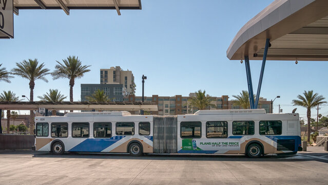 LAS VEGAS, NEVADA, USA - JUNE 04, 2013:  Articulated RTC bus at Bonneville Transit Center 