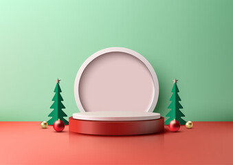Festive Christmas Scene with Red White Podium and Ornaments in Mint Green Background, Ideal for Product Display Mockup and Holiday Showcase